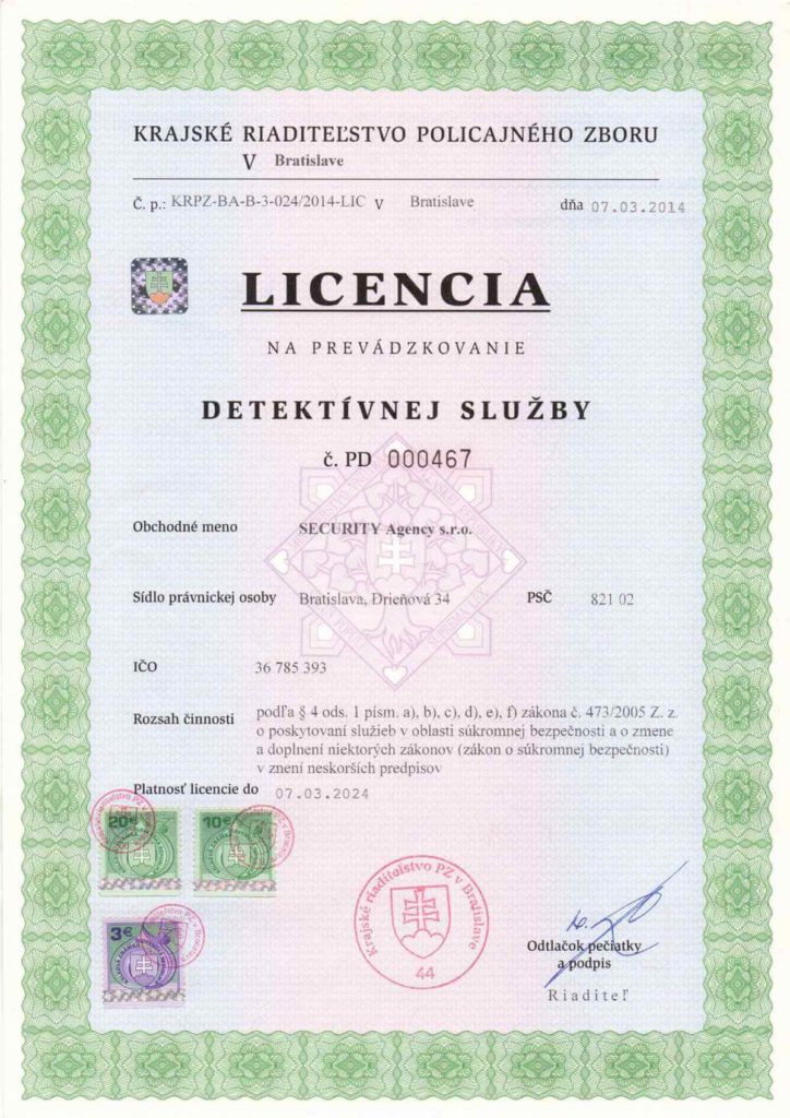 Certifikát - Detektívna služba