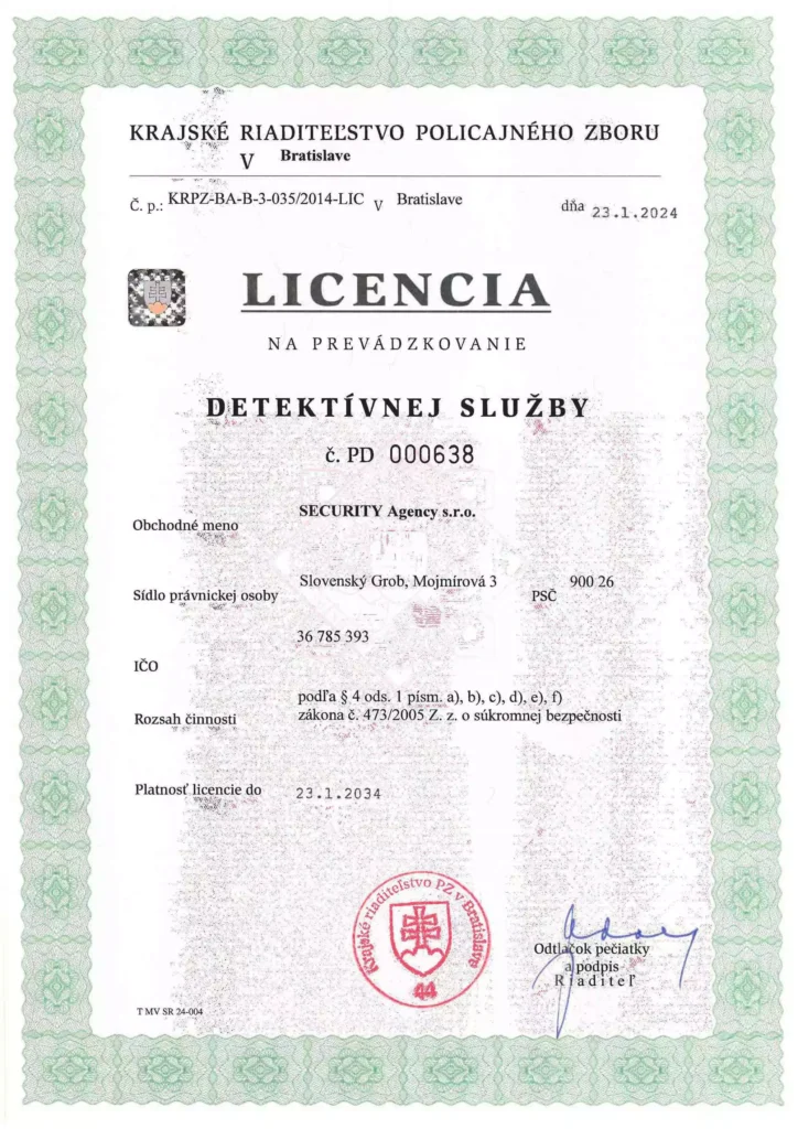 Certifikát - Detektívna služba - do roku 2034