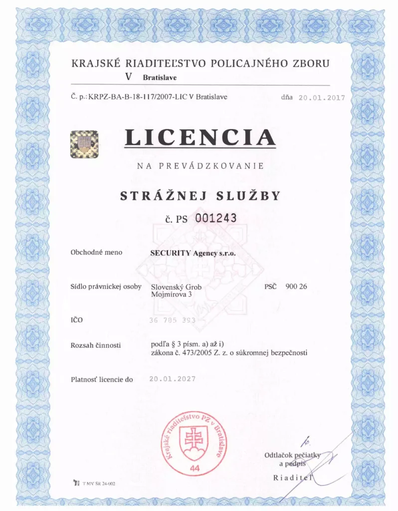 Certifikát - Strážna služba do roku 2027